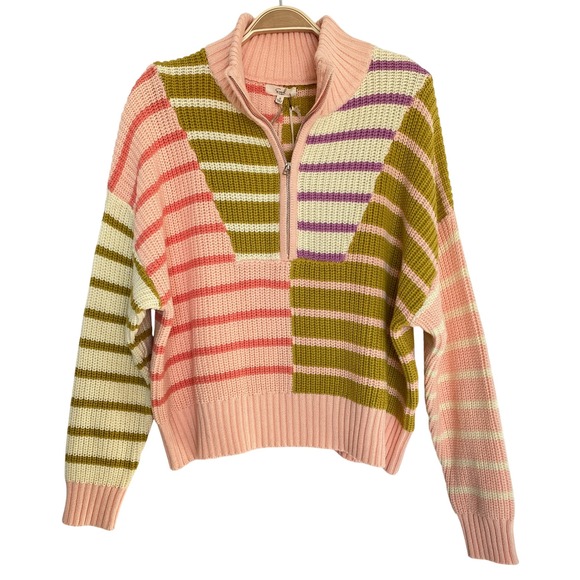 Easel Patchwork Striped Half Zip Sweater Women S Pink Olive Colorblock Funky NWT - Picture 2 of 11